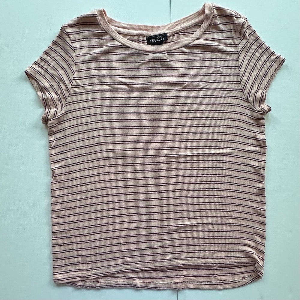 Rue 21 Pink Black Striped Cap Sleeve Shirt Juniors Teens Large Y2K‎ vibes